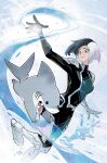  1girl aqua_bodysuit black_bodysuit black_hair blue_eyes blue_eyeshadow bodysuit boots brown_eyes comic_cover commentary_request creature cryokinesis eyeshadow gills gloves grey_gloves gurihiru heterochromia highres ice jeff_the_land_shark looking_at_creature luna_snow makeup marvel multicolored_bodysuit multicolored_hair official_art shark sharp_teeth short_hair signature smile snowflakes split-color_hair superhero_costume teeth white_boots white_hair 