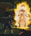  4boys absurdres aura battle black_boots black_hair blonde_hair blue_bodysuit bodysuit boots commentary dougi dragon_ball dragon_ball_z english_commentary father_and_son final_form_frieza frieza high_heel_boots high_heels highres male_focus multiple_boys muscular muscular_male namek namekian out_of_frame outdoors piccolo saiyan_armor short_hair son_gohan son_goku spiked_hair super_saiyan super_saiyan_1 titanartx 