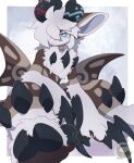 2026 2_horns absurd_res ambiguous_gender anthro artist_logo artist_name black_claws black_hooves blue_eyes braided_hair brown_body brown_wings cel_shading chest_tuft claws digital_drawing_(artwork) digital_media_(artwork) finger_claws hair hi_res hooves horn logo mochiri shaded simple_background solo spiked_tail spikes spikes_(anatomy) tail text tuft unknown_species unusual_anatomy unusual_horn white_hair wings