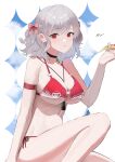  1girl absurdres arm_strap bell between_breasts bikini blue_background bow breasts closed_mouth cloud commentary_request food girls'_frontline girls'_frontline_2:_exilium grey_hair hair_bow highres holding holding_food holding_pizza koucha_kouden large_breasts looking_at_viewer medium_hair neck_bell official_alternate_costume pink_bow pizza pizza_slice red_bikini red_eyes sabrina_(girls'_frontline_2) sabrina_(strawberry_zabaione)_(girls'_frontline_2) side-tie_bikini_bottom simple_background solo spas-12_(girls'_frontline) swimsuit white_background 