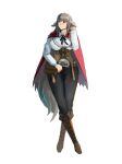  1girl bag black_neckerchief black_pants boots breasts brown_boots cape commentary crossed_legs english_commentary fire_emblem fire_emblem_fates full_body grey_hair highres knee_boots lace-up_boots large_breasts neckerchief pants red_cape red_eyes rod_langhi satchel shirt tail velouria_(fire_emblem) white_shirt wolf_girl wolf_tail 