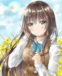  1girl absurdres alternate_hair_length alternate_hairstyle aoi_erika aqua_eyes ayaro_(genkiloobaii) black_hair blue_bow blue_bowtie blue_sky blush bow bowtie brown_vest clenched_hand closed_mouth collared_shirt commentary day eyelashes eyes_visible_through_hair flower hair_between_eyes hands_up heaven_burns_red highres long_hair long_sleeves looking_at_viewer outdoors shirt sidelocks sky smile solo split_mouth straight_hair upper_body very_long_hair vest white_shirt yellow_flower 
