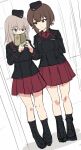  2girls ankle_boots ankle_socks arms_behind_back ashiwara_yuu black_jacket black_socks blue_eyes boots breasts brown_eyes brown_hair cellphone commentary_request cross full_body garrison_cap girls_und_panzer grey_hair hat highres holding holding_phone iron_cross itsumi_erika jacket kuromorimine_military_uniform large_breasts long_hair long_sleeves looking_at_another miniskirt multiple_girls nishizumi_maho phone pleated_skirt red_shirt red_skirt shirt short_hair skirt smartphone smile socks 