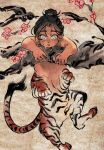 1boy 4_virgin aged_down black_hair blue_eyes branch brown_background centauroid child commentary_request dark-skinned_male dark_skin flower full_body fur-tipped_tail gradient_hair hair_bun hanging highres male_focus monster_boy multicolored_hair nihonga original outdoors plum_blossoms short_hair solo speech_bubble sumi-e sweat tail taur textless_version thought_bubble tiger_boy tiger_tail very_short_hair 