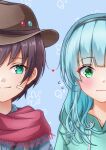  1boy 1girl absurdres asaba_touka averting_eyes black_hair black_hairband blue_background blunt_bangs blush brown_hat child closed_mouth commentary_request cowboy_hat downturned_eyes embarrassed flying_sweatdrops green_eyes hairband hat heart heaven_burns_red hetero highres hood hood_down jacket long_hair looking_at_viewer looking_down rumi_(heaven_burns_red) shirt short_hair side-by-side simple_background smile split_mouth taskbroker_(heaven_burns_red) wavy_mouth 