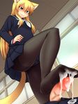  animal_ears aqua_eyes blonde_hair censored commentary crotch_seam cum cum_on_body cum_on_lower_body feet footjob from_below hand_on_hip highres mosaic_censoring naughty_face nokoppa original panties panties_under_pantyhose pantyhose penis school_uniform serafuku smile soles solo_focus tail underwear 