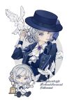  1girl aged_down ascot bird birdcage black_bow black_bowtie black_coat black_hat black_vest blue_bow boater_hat bow bowtie cage chibi chibi_inset chinese_commentary coat collared_shirt commentary_request cropped_torso dove dress english_text full_body grey_eyes grey_hair hair_bun hand_up hat hat_bow highres holding holding_cage looking_at_viewer multiple_views omaiga_aaa reverse:1999 shirt short_hair single_side_bun sitting upper_body vertin_(reverse:1999) vest waistcoat white_ascot white_background white_bird white_dress white_shirt 