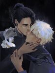  2boys animal black_background black_hair black_shirt blue_eyes closed_eyes collared_shirt commentary earrings fish getou_suguru gojou_satoru hair_bun hand_on_another's_arm hand_on_another's_face highres jewelry jujutsu_kaisen kiss long_sleeves male_focus multiple_boys piercing plug_(piercing) qinimoonie shirt short_hair single_hair_bun symbol-only_commentary upper_body white_hair yaoi 