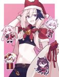  1girl :d adnachiel_(arknights) ansel_(arknights) arknights arm_behind_head bell belt border bow bowtie brown_belt capelet cardigan_(arknights) chibi chibi_inset christmas commentary crop_top english_commentary fur-trimmed_capelet fur-trimmed_headwear fur_trim genieko gloves hair_between_eyes hair_ornament hat highres holding long_hair melantha_(arknights) midriff navel open_mouth outside_border pink_background pink_hair purple_eyes red_bow red_bowtie red_capelet red_gloves red_hat sack santa_hat simple_background smile solo split_mouth steward_(arknights) white_border 