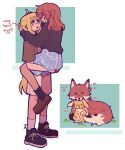  absurdres ahoge animalization black_shirt black_shoes black_socks blonde_hair blue_skirt blush bocchi_the_rock! brown_eyes brown_shirt brown_shoes closed_eyes dark-skinned_female dark_skin fox hand_around_neck hand_on_another's_ass heart highres hiimross ijichi_nijika kita_ikuyo lifting_person long_hair long_sleeves looking_at_another medium_hair open_mouth person_and_animalization rabbit red_fur red_hair shirt shoes short_sleeves skirt socks standing white_fur white_socks yellow_fur yuri 