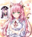  >_< 2girls :d absurdres afterimage aikawa_megumi animal_ears ascot ayaro_(genkiloobaii) bell black_cape black_hat black_ribbon blush bun_cover cape cat_ears cat_girl cat_tail clenched_hands collared_shirt commentary_request cropped_torso crossed_arms double_bun dress_shirt electricity electrokinesis excited extra_ears eyelashes green_eyes hair_bun hair_ribbon hat heart heaven_burns_red highres jingle_bell kemonomimi_mode kunimi_tama long_hair long_sleeves looking_at_viewer multiple_girls neck_ribbon open_mouth paw_print peaked_cap pink_hair red_ascot red_ribbon ribbon shirt sidelocks simple_background sleeves_rolled_up smile solo_focus sparkle story_in_commentary tail tail_bell tail_ornament tail_ribbon teeth two_side_up upper_body upper_teeth_only v v-shaped_eyebrows very_long_hair white_shirt 