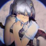  1girl blue_nails commentary english_commentary full_moon grey_hair guitar hair_ornament hairpin highres instrument jewelry mask mikasamu moon mouth_mask original ring school_uniform short_hair solo 