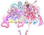  4girls :d ahoge akechi_anna antenna_hair artist_request black_bow black_capelet blonde_hair blue_eyes blue_hair blue_hat blue_skirt bow braid brooch brown_eyes butterfly_hat_ornament capelet closed_mouth creature cure_answer cure_arcana_shadow cure_eclair cure_mystic double_bun dress gloves gradient_hair green_hair hair_bow hair_bun hair_intakes hair_ornament hat hat_ornament heart heart_brooch heart_hair_ornament highres holding holding_hands holding_staff holding_wand jewelry kobayashi_mikuru layered_dress long_hair looking_at_viewer magical_girl meitantei_precure! midriff mini_hat mini_top_hat moria_ruruka multicolored_hair multiple_girls navel official_art open_mouth parted_bangs pink_capelet pink_dress pink_gloves pink_hair pink_shoes pochi-tan pouch precure purple_bow purple_capelet purple_dress purple_eyes purple_gloves purple_hair purple_shoes red_bow shoes skirt smile staff standing standing_on_one_leg symmetry thighhighs top_hat twin_braids wand white_thighhighs 