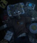 anthro bed brown_hair canid canine canis cellphone clothing countershade_arms countershade_face countershade_torso countershading dipstick_ears ear_markings electronics eye_bags floor food furniture gamma_wolf_(vitaliachiever) hair hi_res jewelry male mammal multicolored_ears navel necklace pencil_(object) phone pillow plate shirt signature sketchbook solo tablet_computer thought_bubble topwear vitaliachiever waffle wolf
