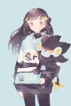  1girl black_hair blue_background dawn_(pokemon) earrings hair_ornament holding holding_stuffed_toy jewelry looking_to_the_side luxio luxray pokemon ryokuno_green sad shinx solo star_(symbol) star_earrings star_hair_ornament stuffed_toy 