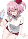  1girl :d absurdres blush bottle breasts commentary english_commentary flower gym_uniform hair_between_eyes hair_flower hair_ornament highres holding holding_bottle looking_at_viewer nijisanji nijisanji_en open_mouth pink_hair red_eyes red_flower red_rose red_shorts rose rosemi_lovelock shorts side_ponytail simple_background small_breasts smile solo sweat valefal_coneri virtual_youtuber water_bottle white_background 