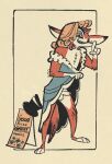 anthro balls bangs black_nose black_tipped_ears blonde_hair blue_clothing blue_dress bottomwear canid canine clothed clothing clothing_lift countershading crossdressing dress dress_lift dress_only evil_grin fangs floral_pattern flower fox fox_tail fur genitals hair hat headgear headwear looking_at_viewer male mammal no_underwear orange_body orange_fur oversized_clothing plant pointy_ears prick_ears prostitution red_hair restricted_palette revealing_balls revealing_penis reynard_the_fox scheming sharp_teeth shush sign simple_background skirt skirt_lift smile smiling_at_viewer solo standing tail teeth textured top_hat vickydanne wig yellow_eyes