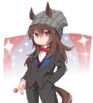  1girl animal_ears beanie beer_hsk bow bowtie brown_eyes brown_hair candy closed_mouth collared_shirt dress_shirt food grey_hat grey_jacket grey_pants hair_between_eyes hand_in_pocket hat holding holding_candy holding_food holding_lollipop horse_ears horse_girl horse_tail jacket lollipop long_hair long_sleeves looking_at_viewer nakayama_festa_(umamusume) pants red_bow red_bowtie red_vest shirt solo sparkle striped_clothes striped_headwear tail umamusume vertical-striped_clothes vertical-striped_headwear vest white_shirt 