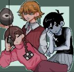  1boy 2boys antenna_hair black_eyes black_hair black_tank_top blonde_hair braid brown_hair closed_mouth collared_shirt colored_skin commentary double-parted_bangs end_roll green_eyes hair_between_eyes holding holding_knife knife light_bulb long_sleeves looking_at_another looking_at_viewer low_twin_braids madotsuki matsutsu1105 multiple_boys omori omori_(omori) open_mouth parted_lips pixel_art red_skirt red_sweater red_sweater_vest russell_seager shirt short_hair shorts skirt striped_clothes striped_shorts sweater sweater_vest symbol-only_commentary tank_top twin_braids vertical-striped_clothes vertical-striped_shorts white_shirt white_shorts white_skin yume_nikki 