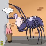 2025 6_eyes absurd_res alley arachnid arachnid_taur armand_(armand's_adventures) arthropod arthropod_taur bald big_breasts bite biting_lip bottomwear breasts brown_bottomwear brown_clothing brown_pants butt_cleavage clothed clothed_male clothing dialogue duo english_text female flirting french_text hair hand_against_wall hand_on_hip hi_res huge_breasts human humanoid humanoid_taur larger_female larger_taur lips male mammal markings monster_girl_(genre) monster_musume multi_eye nipples nude nude_female outside pants pink_clothing pink_shirt pink_topwear purple_lips rachnera_arachnera_(monster_musume) red_eyes segmented_arms segmented_legs segmented_limbs shirt size_difference skull_(marking) smaller_human smaller_male smile speech_bubble spider spider_taur suspenders taur teeth text the_dirty_mind topwear white_hair