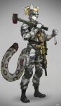2026 absurd_res anthro assault_rifle blonde_hair blue_eyes boots bulletproof_vest camo camo_clothing camo_print clothing dog_tags eyebrows eyelashes eyewear felid footwear fur gloves grey_body grey_fur gun hair hammer handwear hi_res holding_object knee_pads male mammal markings pantherine pattern_clothing pgm300 ponytail ranged_weapon rifle shoes sledgehammer snow_leopard solo spots spotted_body spotted_fur tools uniform weapon