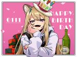  1girl :d alcohol animal_ear_fluff animal_ear_piercing animal_ears black_vest blonde_hair border box champagne champagne_bottle champagne_flute commentary_request cropped_torso cup dog_ears dog_girl drinking_glass fangs fujinoki_(horonabe-ken) gift gift_box glass_bottle happy_birthday hat highres hood hood_down hoodie kmnz lita_(kmnz) long_hair outside_border pink_background purple_eyes simple_background smile solo top_hat vest virtual_youtuber white_border white_hat white_hoodie 