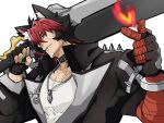  1boy animal_ears bandaged_arm bandages black_gloves commentary_request dog_boy dog_ears fingerless_gloves gloves highres holding holding_sword holding_weapon huge_weapon jewelry komano_manato looking_at_viewer male_focus muscular muscular_male necklace over_shoulder red_bandage sword sword_over_shoulder user_nehp8487 weapon weapon_over_shoulder zenless_zone_zero 