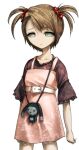  1girl aqua_eyes bare_legs blouse blue_eyes brown_hair child dress game_cg hair_tie huke looking_at_viewer narrowed_eyes official_art pinafore_dress pink_dress pink_shoes purple_shirt sad science_adventure shirt shoes short_twintails sidelocks sleeveless sleeveless_dress sneakers solo sprite steins;gate stuffed_animal stuffed_toy tennouji_nae transparent_background twintails x_x 