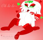 acstlu anthro artist_name candy candy_cane cat_tail christmas christmas_clothing clothing collar dessert digital_media_(artwork) female food footwear footwear_only furryfight_chronicles gloves handwear holidays junipurr leg_markings love markings merry_christmas mostly_nude nude pinup pose shadiababe socks socks_(marking) socks_only text tongue tongue_out