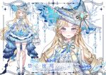  1girl aegyo_sal ankle_bow ascot bare_shoulders blonde_hair blue_ascot blue_bow blue_eyes blue_gem blue_hat blue_ribbon blue_shoes blue_skirt blue_sleeves bow breasts brooch capelet chinese_commentary cleavage cleavage_cutout closed_mouth clothing_cutout coattails collared_capelet commentary_request commission coral coral_hat_ornament crystal detached_sleeves dot_nose earrings eyelashes frilled_ascot frilled_capelet frilled_hat frilled_shirt frilled_skirt frilled_sleeves frills full_body gem gem_hat_ornament happy hat hat_bow highres jewelry lace_ribbon layered_sleeves leg_ribbon light_blush lipstick long_hair long_sleeves looking_at_viewer makeup miniskirt multiple_views neck_ribbon original parted_bangs picture_frame pink_lips print_ascot reference_sheet ribbon sample_watermark shanwenyufan shirt shoes short_over_long_sleeves short_sleeves simple_background single_earring single_sleeve single_thighhigh skirt sleeveless sleeveless_shirt sleeves_past_fingers sleeves_past_wrists small_breasts smile sphere_earrings standing stomach_cutout tailcoat thighhighs two-sided_fabric two-sided_headwear upper_body very_long_hair virtual_youtuber watermark wavy_hair white_background white_bow white_capelet white_shirt white_sleeves white_thighhighs wide_brim wide_sleeves witch witch_hat yellow_ribbon 
