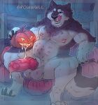 absurd_res animal_genitalia animal_penis anthro baileyx balls belly belly_nipples bodily_fluids canid canine canine_genitalia canine_penis canis cum cum_in_jack-o'-lantern cum_in_pumpkin fence fog food fruit genital_fluids genitals grass growling halloween hi_res holidays jack-o'-lantern knot knotted_penis licking licking_lips looking_at_viewer male mammal musclegut muscular navel night nipple_piercing nipples nude nude_male outside penis piercing plant pumpkin pumpkin_patch sheath solo tail tongue tongue_out vein veiny_knot veiny_penis wolf