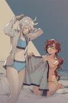  2girls :3 after_sex bite_mark bite_mark_on_thigh blue_bra blue_panties bra closed_eyes closed_mouth commentary completely_nude grey_hair gundam gundam_suisei_no_majo hickey mak_(kainemaru) miorine_rembran mouth_hold multiple_girls nude panties red_hair scar scar_on_face scar_on_stomach seiza shirt sitting smile suletta_mercury thick_eyebrows tying_hair underwear white_shirt yuri 