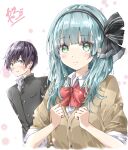  1boy 1girl aged_up alternate_costume ayaro_(genkiloobaii) bandaid bandaid_on_cheek bandaid_on_face black_bow black_hairband blue_hair blunt_bangs blush bow bowtie brown_jacket character_request clenched_hands closed_mouth collared_shirt commentary_request cropped_torso gakuran green_eyes hair_bow hairband hands_up heaven_burns_red hetero highres jacket long_sleeves looking_at_another medium_hair red_bow red_bowtie rumi_(heaven_burns_red) school_uniform shirt short_hair signature simple_background sleeves_rolled_up smile split_mouth taskbroker_(heaven_burns_red) upper_body white_background white_shirt wide-eyed 