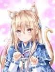  1girl animal_ear_fluff animal_ears ayaro_(genkiloobaii) blonde_hair blue_capelet blush brooch capelet cat_ears cat_girl cat_tail closed_mouth commentary_request extra_ears eyelashes eyes_visible_through_hair flying_sweatdrops frown hair_between_eyes hands_up heaven_burns_red highres jewelry kemonomimi_mode long_hair long_sleeves looking_at_viewer motion_lines paw_pose pink_background pink_eyes shirakawa_yuina shirt sidelocks simple_background solo sparkle split_mouth tail tail_raised very_long_hair white_shirt 