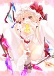  ascot bare_shoulders censored flandre_scarlet footjob hat hetero off_shoulder panties panties_aside thighhighs touhou tsucaco underwear white_legwear wings 