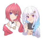  2girls :d absurdres ange_katrina ange_katrina_(summer_casual) black_sweater blue_hair blush braid buttons cardigan closed_mouth collared_halterneck collared_shirt cropped_torso gold_necklace grey_cardigan hair_intakes hair_ornament hair_over_shoulder hairpin halter_shirt halterneck hand_up hashtag-only_commentary highres jacket jewelry lize_helesta lize_helesta_(5th_costume) long_hair looking_at_viewer medium_hair multicolored_hair multiple_girls multiple_hairpins necklace nijisanji nishiki_yuno nose_blush open_cardigan open_clothes open_mouth purple_eyes red_cardigan red_hair red_jacket shirt simple_background single_braid single_off_shoulder smile split_mouth sweater teeth triangle_hair_ornament two-tone_hair upper_teeth_only virtual_youtuber white_background white_hair white_shirt 