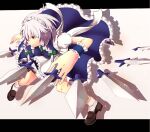  1girl apron ashiwara_yuu between_fingers bow braid breasts brown_shoes commentary_request frilled_wrist_cuffs frills full_body green_bow green_ribbon grey_hair holding holding_knife izayoi_sakuya kneehighs knife knives_between_fingers large_breasts maid maid_apron maid_headdress multiple_knives neck_ribbon puffy_short_sleeves puffy_sleeves red_eyes ribbon shoes short_sleeves socks solo solo_focus thigh_strap touhou twin_braids waist_apron white_socks wrist_cuffs 