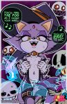 5_fingers animated_skeleton anthro anthro_focus black_chest black_jumpsuit black_nose blaze_the_cat bodily_fluids bone boo_(sonic) claws collar dialogue domestic_cat english_text felid feline felis female female_focus finger_claws fingers forehead_gem front_view fur gem genitals ghost grin hi_res magic mammal musical_note musical_symbol nipples open_mouth orange_eyes pink_nipples pupils purple_body purple_fur saliva saliva_string sans_(undertale) sega skajrzombie skeleton smile solo_focus sonic_the_hedgehog_(series) speech_bubble spirit sweat symbol tan_inner_ear text undead undertale_(series) vulva white_body white_claws white_fur yellow_eyes