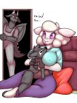 absurd_res anthro big_breasts big_ears big_tail black_eyes bovid breasts building canid canine canis caprine clothing curvy_figure dialogue dragon dragon_tail dragon_wings english_text family father_(lore) female fluffy fluffy_tail fur furniture grey_body grey_fur grey_scales group head_between_breasts hi_res horizontal_pupils horn house hug hugging_another jim_the_lamb looking_at_another magnus_the_dragon male male/female mammal mother_(lore) mother_and_child_(lore) mother_and_son_(lore) multi_horn mythological_creature mythological_scalie mythology nipple_outline parent_(lore) parent_and_child_(lore) parent_and_son_(lore) pillow pink_eyes pupils scales scalie sheep shirt simple_eyes sitting sitting_on_ground sofa son_(lore) suspenders t-shirt tail teary_eyes text thick_thighs topwear trio twtr white_body white_fur wolf wolf_(twtr)
