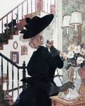  1girl black_cat black_dress black_hat brown_hair cat dress flower gloves hat highres indoors jewelry long_sleeves original ring stairs talking_on_phone upper_body vase veil white_flower yuko_(foret_noire) 