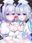  2girls alternate_costume amane_kanata amane_kanata_(nurse) amane_konata apron armband bandaged_arm bandages blue_eyes blue_hair breasts cleavage closed_mouth collarbone colored_inner_hair commentary_request dress frilled_apron frills gloves grey_hair hair_between_eyes hair_ornament hat hololive id_card lanyard large_breasts light_blush long_hair looking_at_viewer maid_apron multicolored_hair multiple_girls nurse nurse_cap official_alternate_costume official_alternate_hair_length official_alternate_hairstyle open_mouth pantyhose puffy_short_sleeves puffy_sleeves shiratori_moca short_sleeves siblings single_hair_intake sisters smile twins twintails two-tone_hair very_long_hair virtual_youtuber white_apron white_dress white_gloves white_pantyhose x_hair_ornament 