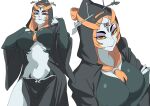  1girl black_robe breasts colored_sclera colored_skin commentary eyeshadow front_ponytail headpiece highres hood hooded_robe large_breasts long_hair looking_at_viewer makeup midna midna_(true) multicolored_skin multiple_views nasu_(ilo_a5) navel orange_hair purple_eyeshadow purple_lips red_eyes robe smile the_legend_of_zelda the_legend_of_zelda:_twilight_princess two-tone_skin yellow_sclera 