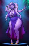 2026 9:14 alien alien_humanoid big_breasts blazbaros bracelet breasts choker cleavage clothed clothing curvy_figure dress eyebrows eyelashes eyes_closed female footwear glistening glistening_body glistening_breasts glistening_skin glistening_thighs headgear hi_res high_heels huge_breasts humanoid jewelry lekku_(anatomy) lekku_jewelry necklace not_furry purple_body purple_clothing purple_dress purple_skin shoes solo star_wars thick_thighs twi'lek wide_hips