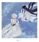  2girls arm_armor bare_back bare_shoulders black_corset black_gloves black_hair blonde_hair blue_flower blunt_bangs border closed_eyes co6_3g columbina_(genshin_impact) corset detached_sleeves dress eye_mask feathered_wings field fingerless_gloves flower flower_field from_behind full_body genshin_impact gloves gradient_hair hair_flower hair_ornament hair_tubes hands_up head_wings head_wreath highres holding holding_wreath long_hair long_sleeves lumine_(genshin_impact) mask multicolored_hair multiple_girls multiple_wings no_mouth off-shoulder_dress off_shoulder pantyhose purple_hair seiza short_hair sidelocks signature sitting sleeveless sleeveless_dress two-tone_hair very_long_hair watermark white_border white_dress white_flower white_headdress white_mask white_pantyhose white_sleeves wide_sleeves wings x_hair_ornament 