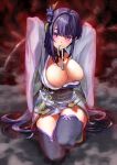  1girl arms_up blunt_bangs blurry blurry_background blush braid breasts bridal_gauntlets cleavage commentary fog genshin_impact head_tilt highres huge_breasts long_braid looking_at_viewer looking_to_the_side mole mole_under_eye mouth_hold multicolored_hair neck_ribbon nipple_slip nipples off_shoulder on_one_knee purple_eyes purple_hair raiden_shogun red_ribbon red_sash red_sky ribbon ribbon_in_mouth sash sawada_takiguchi shade single_braid sky solo streaked_hair thighhighs wide_hips 