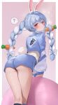  1girl ? absurdres alternate_costume animal_ears ass ball blue_hair blue_jacket blue_shorts blue_socks blush bow braid carrot_hair_ornament commentary_request cropped_jacket exercise_ball extra_ears food-themed_hair_ornament from_behind hair_bow hair_ornament highres hikimayu hololive jacket kneehighs long_hair long_sleeves looking_at_viewer maison_de_cante multicolored_hair pink_background puffy_long_sleeves puffy_sleeves rabbit-shaped_pupils rabbit_ears rabbit_girl rabbit_tail red_eyes shirt_tucked_in short_eyebrows shorts sidelocks simple_background socks solo spoken_question_mark symbol-shaped_pupils tail tail_through_clothes thick_eyebrows twin_braids two-tone_hair usada_pekora virtual_youtuber white_bow white_hair 