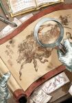  4_virgin book english_commentary gloves highres holding holding_magnifying_glass horse horseback_riding magnifying_glass nijisanji nijisanji_en paper pov riding rubber_gloves scroll sumi-e vox_akuma 