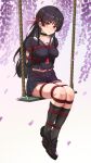  1girl absurdres arms_behind_back bdsm black_choker black_hair black_serafuku black_socks bondage bound bound_arms bound_legs breast_bondage breasts chisa_(wuthering_waves) choker collarbone commentary_request highres long_hair looking_at_viewer medium_breasts midriff_peek on_swing red_eyes red_ribbon restrained ribbon school_uniform serafuku shibari shibari_over_clothes shoes skindentation socks swing very_long_hair wanliu wuthering_waves 