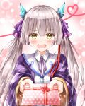  1girl absurdres ayaro_(genkiloobaii) blunt_bangs blunt_ends blush brown_hair collared_shirt commentary_request embarrassed eyes_visible_through_hair gift hair_ribbon heart heart_of_string heaven_burns_red highres hime_cut holding holding_gift horns jewelry long_hair long_sleeves looking_at_viewer neck_ribbon ogasawara_hisame open_mouth pink_background pov purple_ribbon purple_robe ribbon robe shirt sidelocks simple_background solo story_in_commentary straight-on sweatdrop teeth twintails upper_body upper_teeth_only v-shaped_eyebrows valentine very_long_hair white_hair white_shirt wide_sleeves yellow_eyes 