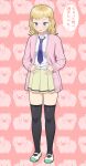  1girl absurdres animal_background black_thighhighs blonde_hair blue_eyes buttons cardigan collared_shirt commentary_request fang full_body hair_ornament hairclip highres ichikawa_masahiro light_blush long_sleeves looking_down medium_hair minami_koharu miniskirt necktie open_cardigan open_clothes parted_lips pig pink_background pink_cardigan pleated_skirt purple_necktie school_uniform shirt shirt_tucked_in shoes skin_fang skirt solo speech_bubble standing thighhighs thought_bubble translation_request triangle_hair_ornament uwabaki watashi_ga_motenai_no_wa_dou_kangaetemo_omaera_ga_warui! weight_conscious white_shirt white_shoes yellow_skirt zettai_ryouiki 